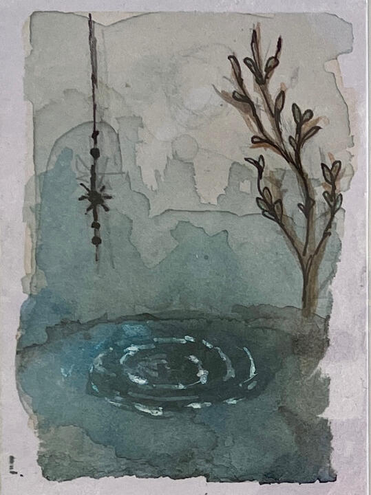 Collected by the Tide — ACEO Small ACEO mixed-media painting depicting a circular pool of water beneath hanging seaweed and coastal plants.