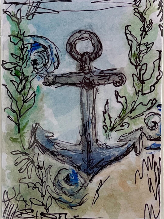 Collected by the Tide — ACEO Small ACEO mixed-media painting depicting a weathered anchor surrounded by seaweed and swirling water.