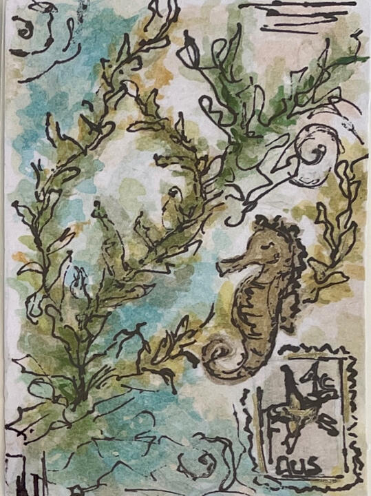 Collected by the Tide — ACEO Small ACEO mixed-media painting depicting a seahorse surrounded by seaweed, shells and coastal motifs.