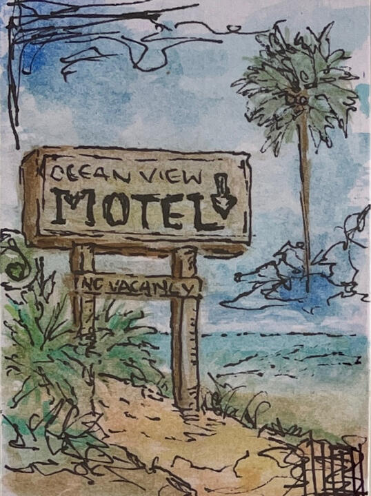 Small ACEO mixed-media painting depicting an old seaside motel sign beside a quiet beach and palm tree.