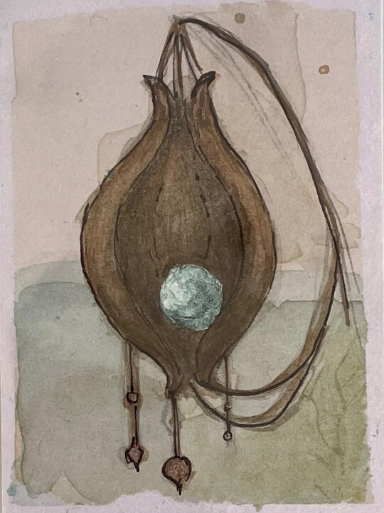 Collected by the Tide — ACEO Small ACEO mixed-media painting depicting a weathered seed pod or shell-like form holding a pale blue pearl.