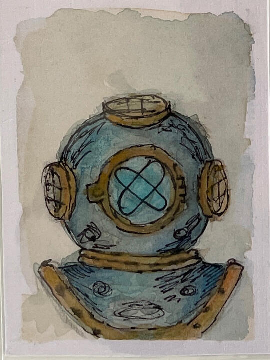 Small ACEO mixed-media painting depicting a vintage diving helmet in muted blue and bronze tones.