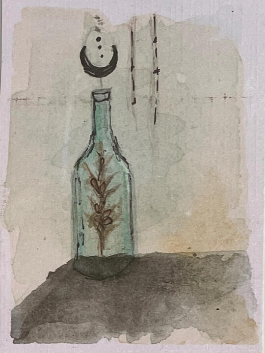 Small ACEO mixed-media painting depicting a glass bottle containing a pressed coastal plant beneath a crescent moon.
