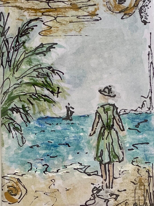 Small ACEO mixed-media painting depicting a figure standing on a shoreline looking out towards a distant boat.
