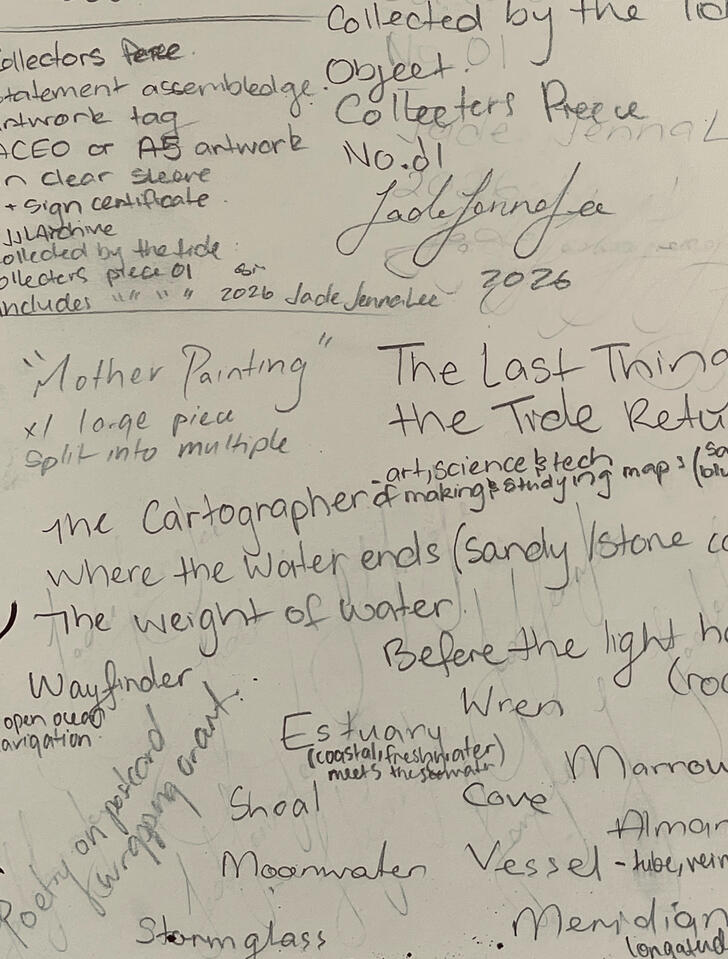 Notebook page with handwritten title ideas and brainstorming notes for the Collected by the Tide collection.