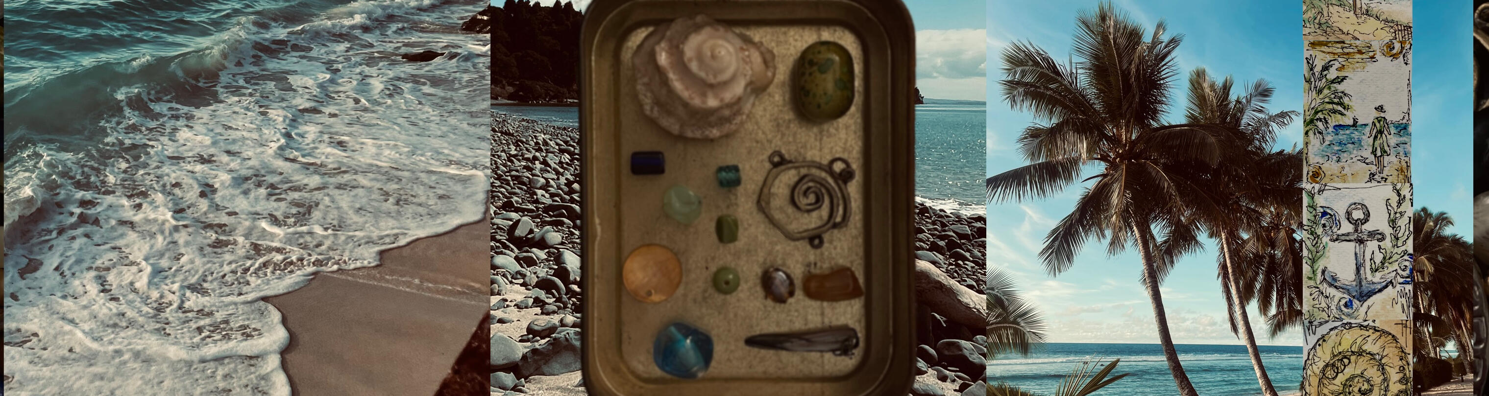 Found beads and materials, Rarotonga bright blue water and palm trees, New Zealand coastline with rocks, driftwood and thick trees in the background