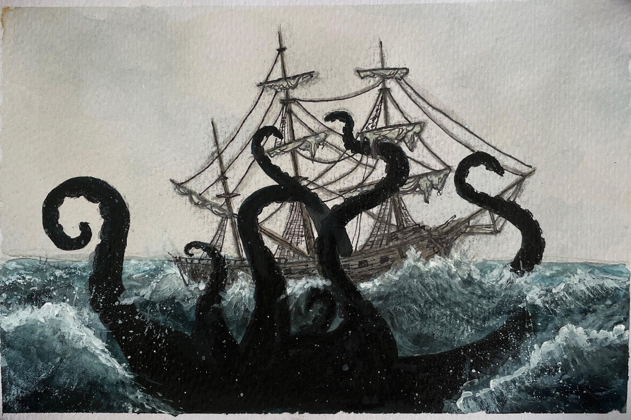 Mixed-media exploration painting depicting a sailing ship surrounded by crashing waves as large black tentacles rise from the sea.