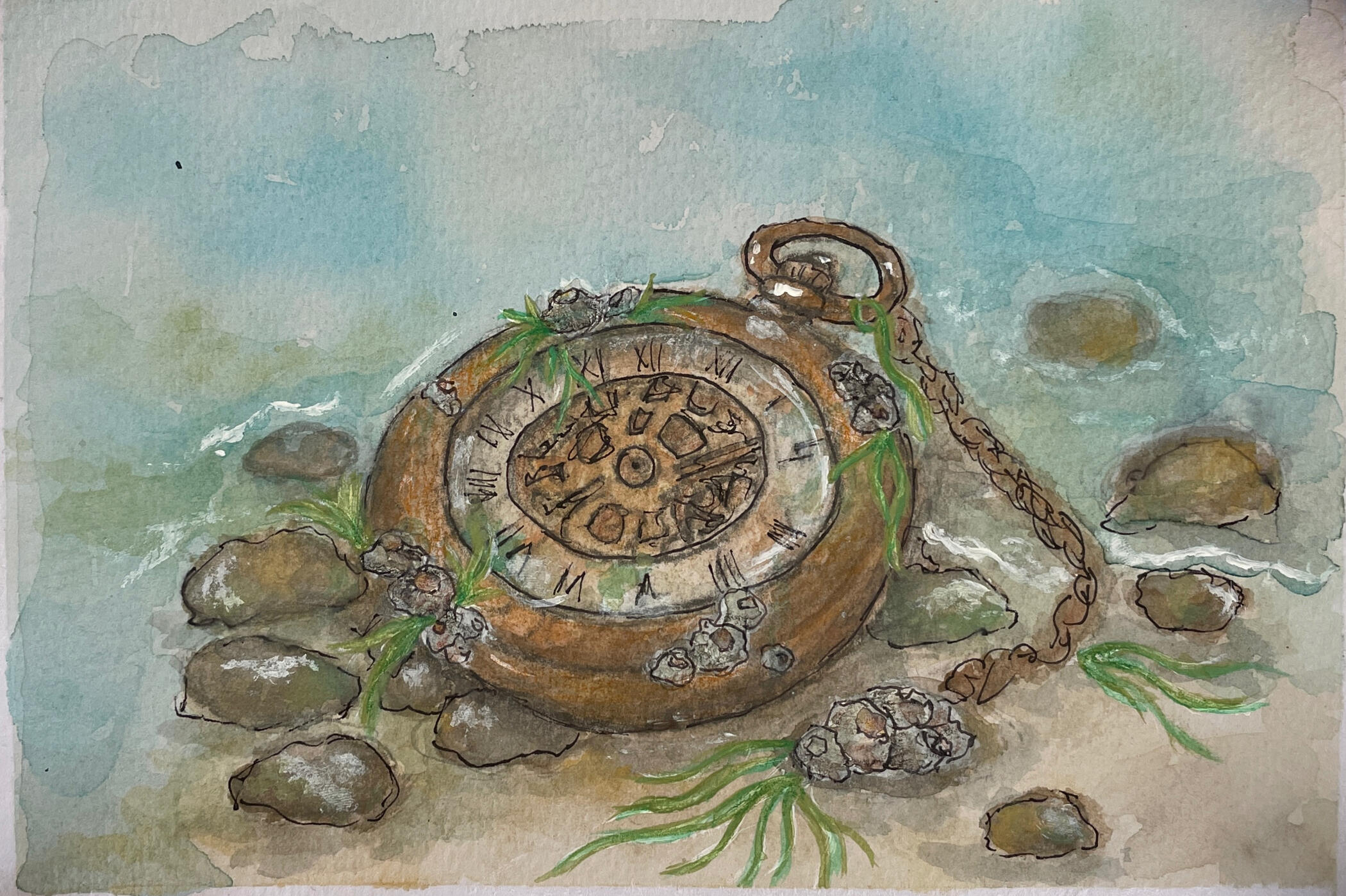 Mixed-media exploration painting depicting an aged pocket watch resting among rocks, seaweed and shallow coastal water.